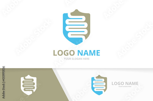 Vector colon and shield logo combination. Unique digestion guard logotype design template.