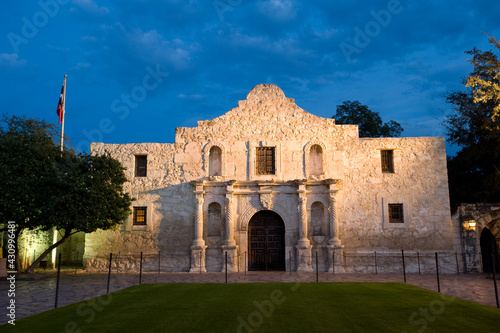 Illuminated historic Alamo mission, national landmark, in San Antonio, Texas, USA #430996481