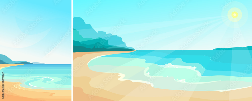 Beach on sunny day. Beautiful seascape in vertical and horizontal orientation.
