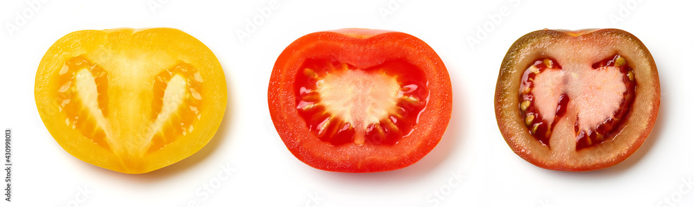Tomato slices isolated on white, from above Tomato slices isolated on white, from above