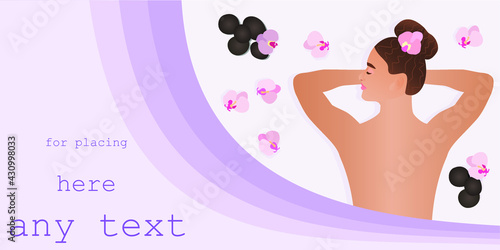 Massage banner or flyer. Template with empty place for text or design. Girl's back, top view. SPA procedures for women.