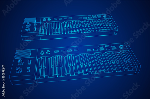 Piano roll analog synthesizer faders buttons knobs. Wireframe low poly mesh vector illustration.