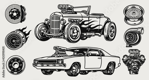 Retro custom cars and parts composition