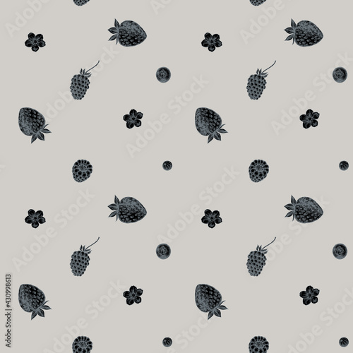 Seamless pattern with hand drawn stylized strawberry, blueberry, red currant, raspberry, blackberry