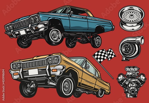Custom cars and parts colorful concept