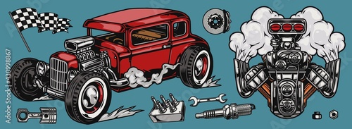 Retro custom car vintage colorful concept