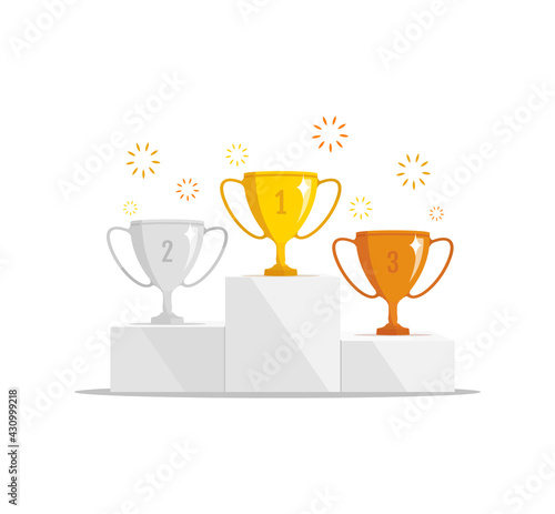Competition winners podium with trophy cup. Winner concept. Vector illustration