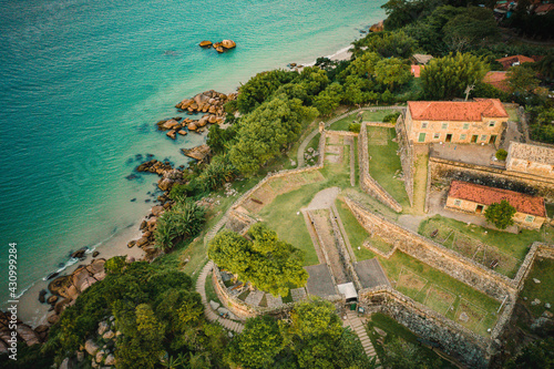 aerial image with drone from praia do forte in florianópolis Santa catarina Brazil in the fortress of são josé de ponta grossa