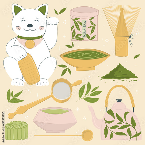Cute matcha ceremony clip art with tea leaves