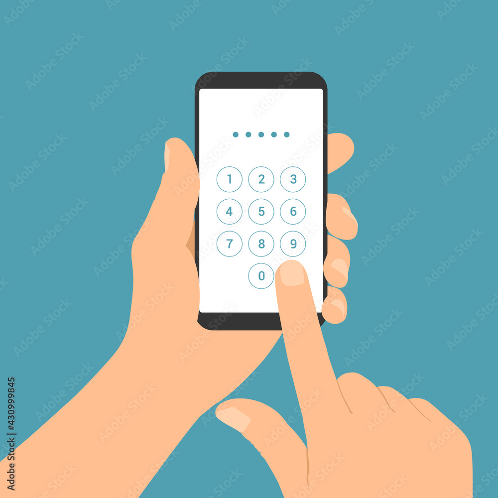 Flat design illustration of male hand holding mobile phone. Enters the