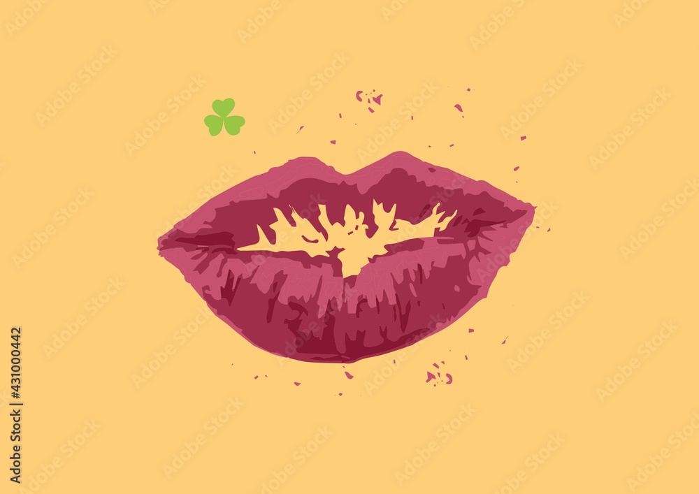 Digital generated image of shamrock and pink lips with copy space against yellow background Digital generated image of shamrock and pink lips with copy space against yellow background