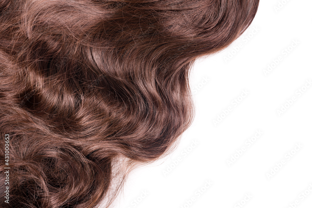 Brown hair texture. Wavy long curly light brown hair close up isolated on white as background with copy space for text. Hair extensions, materials and cosmetics, hair care.Hairstyle, haircut or dying Brown hair texture. Wavy long curly light brown hair close up isolated on white as background with copy space for text. Hair extensions, materials and cosmetics, hair care.Hairstyle, haircut or dying