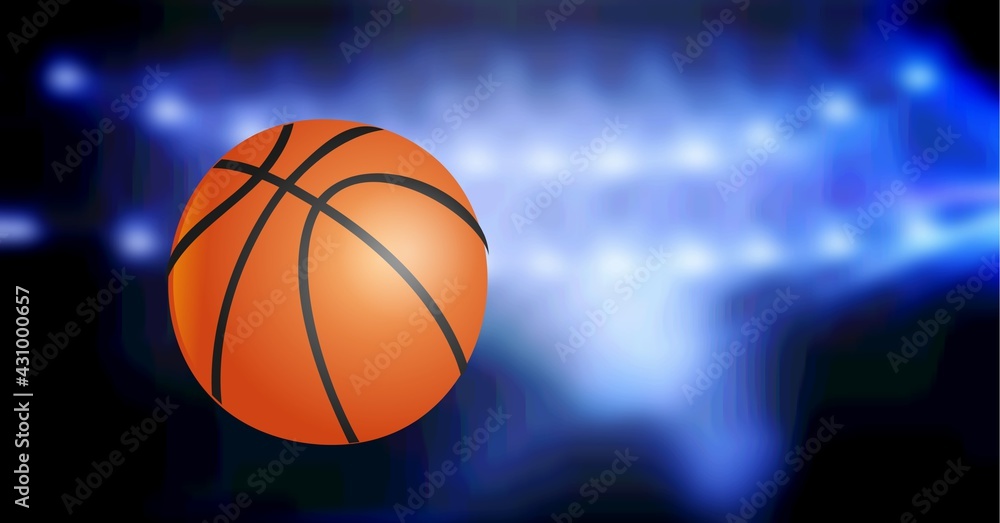 Composition of basketball in air over glowing blue spotlight of basketball arena