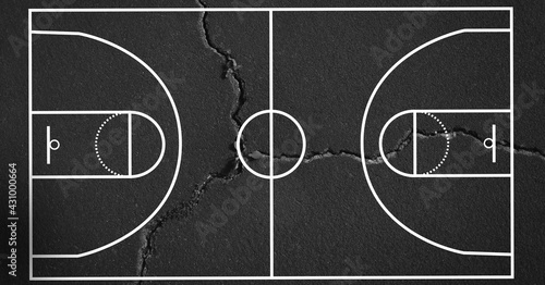 Composition of basketball court over grey cracked distressed surface