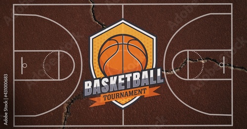 Composition of basketball tournament text over basketball court cracked distressed surface