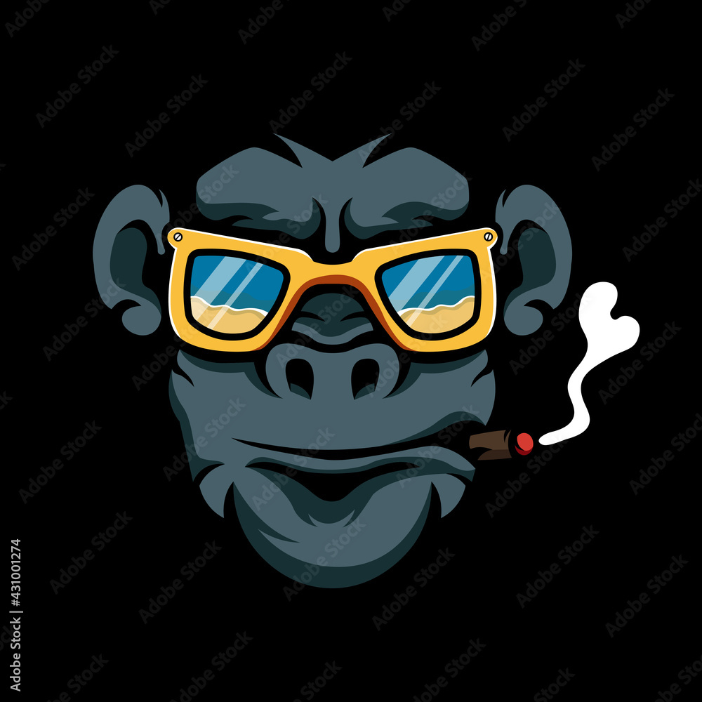Monkey head logo design vector. Illustration of a monkey wearing glasses while smoking