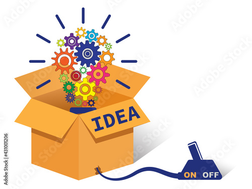 Open box vector design with bulb shaped gearwheels, wire and electric switch. Thinking outside the box concept design to use in business, brainstorm, knowledge and idea projects and presentations.