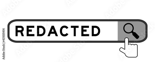 Search banner in word redacted with hand over magnifier icon on white background