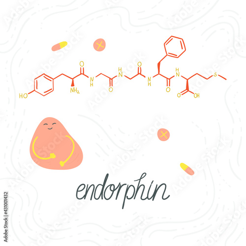 Endorphin chemical formula, neurotransmitter molecule. Hand-drawn doodle illustration with a cute abstract character. Symbol for biology, chemistry, naturopathy, medicine. Isolated on white.
