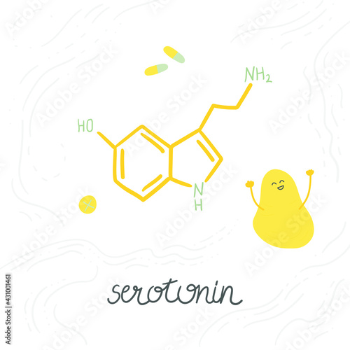 Serotonin neurotransmitter molecule, hormone of joy, happiness. Hand-drawn doodle illustration with a cute abstract character. Symbol for biology, chemistry, naturopathy, medicine. Isolated on white.