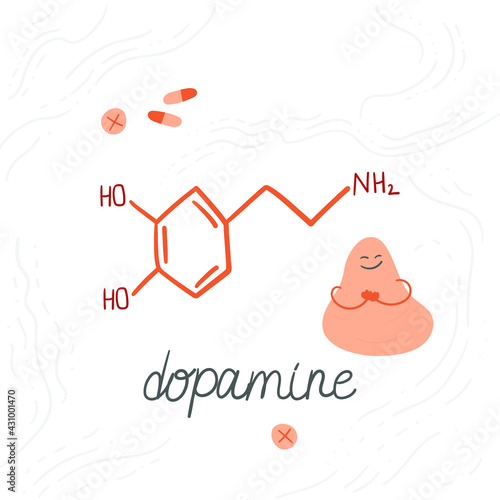Dopamine neurotransmitter molecule. Hand-drawn doodle illustration with a cute abstract character. Symbol for biology, chemistry, naturopathy, medicine. Isolated on white.