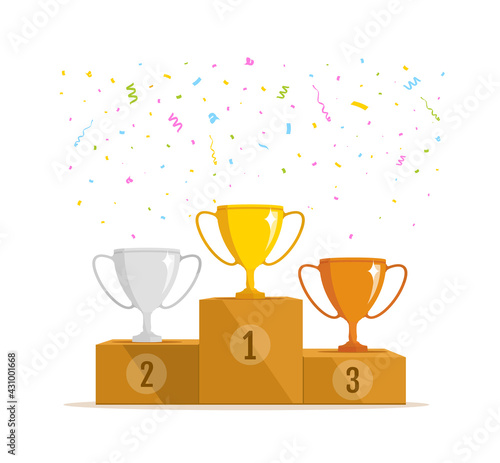 Competition winners podium with trophy cup. Winner concept. Vector illustration
