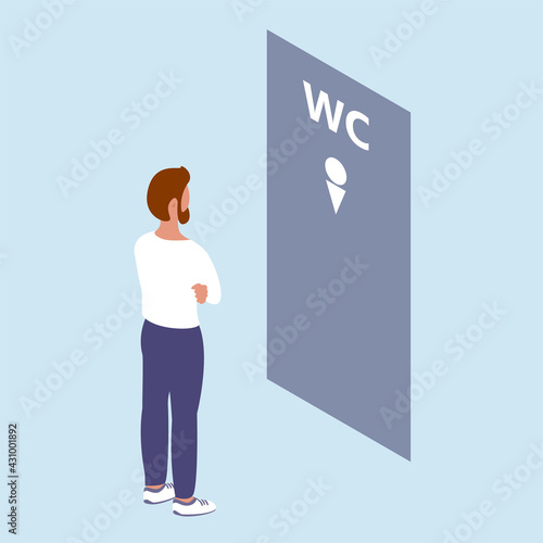 A man stand in front of the toilet door. Male wc. Waiting for their turn. Vector isometric illustration