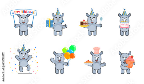 Cute rhino mascots in birthday pary set. Rhino with banner, cake, gift box, balloons, cupcake. Modern vector illustration