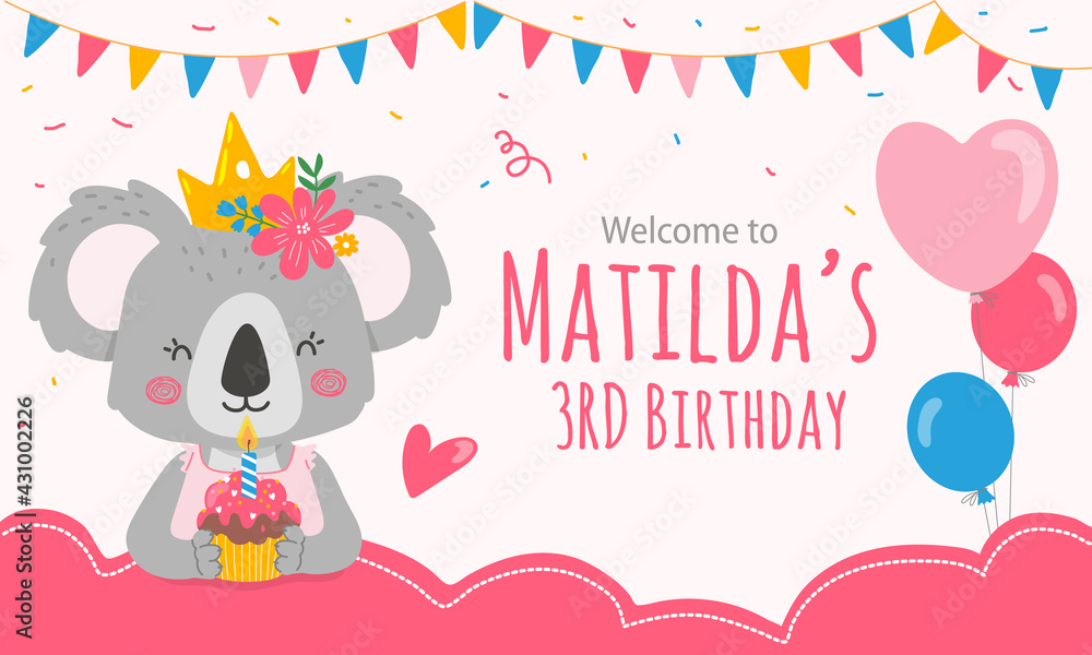 Obraz premium Print template with koala bear princess for welcome sign in pink color.Vector illustration in flat style.