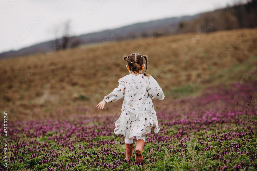 Little anonymous girl with two braids, wearing a vintage dress and rubber boots, running away in a field with purple flowers. Little anonymous girl with two braids, wearing a vintage dress and rubber boots, running away in a field with purple flowers.