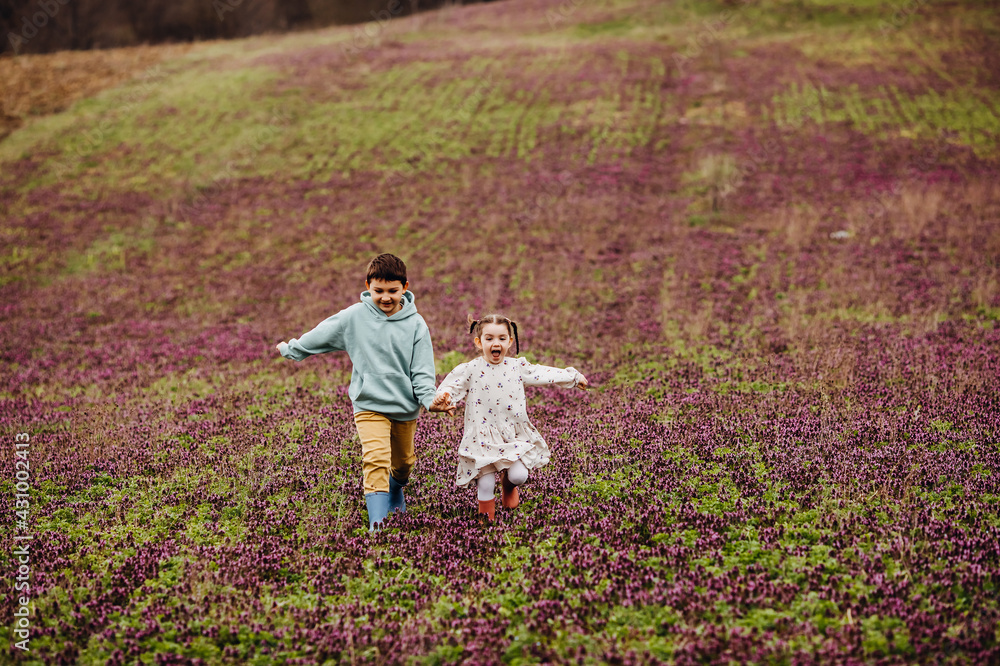 Little boy and girl holding hands, running in a field with purple flowers in the countryside.