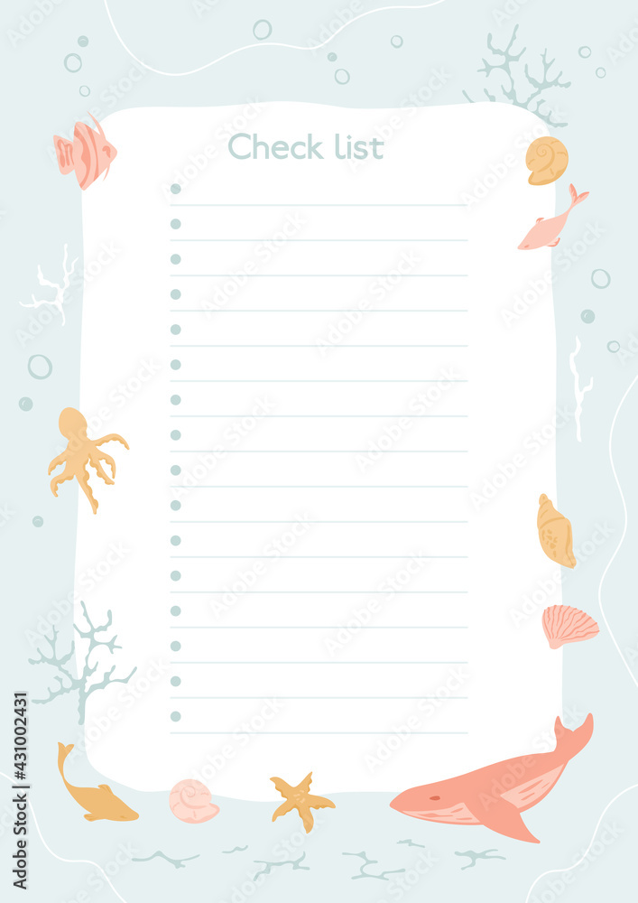 Check list and planner template. Marine illustration with whale, fish, shells and corals. Blank sheet with lines, water pattern. Agenda, schedule, notebooks, cards, stationery design.