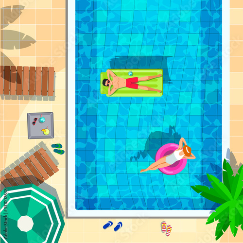 Swimming pool in top view background. People swimming, relax, place for summer fun and parties. Sun loungers by pool, air mattress and floating rings, umbrellas, beach objects. Vector illustration.