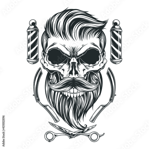 Vintage skull barber scisor and knife monochrome template
