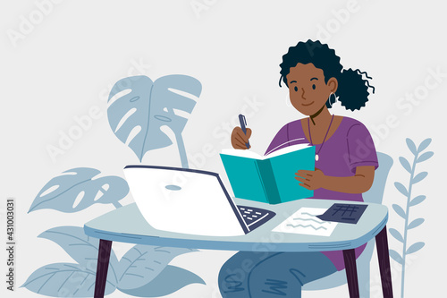 African student have manage lesson the education at home. Learning Online concept by yourself.