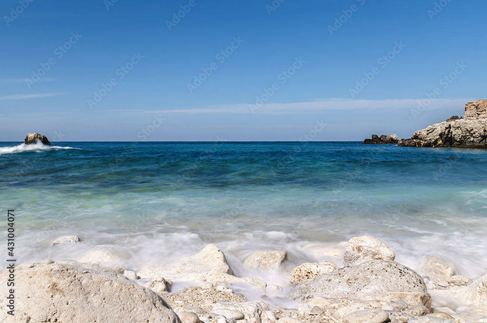 Beautiful seascape with white cliffs on sunny day. Beautiful summer landscape. Natural background.