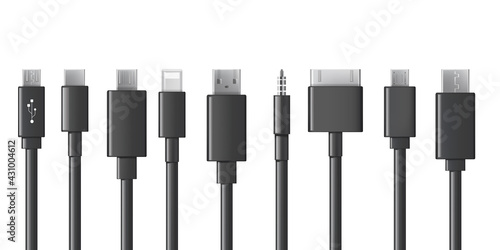 Cable ports, chargers, usb cables, plugs and connectors set. Types of mobile phone cords vector illustration. Collection of black smartphone connection wires on white background