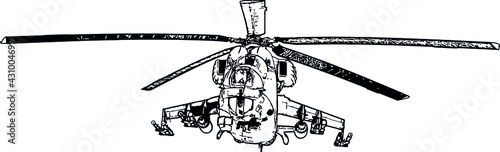 Black and white vector image of a military helicopter with combat machine guns and grenade launchers