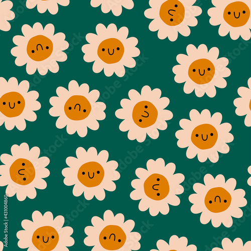 Abstract camomile flowers with faces. Unique shapes. Doodle cartoon style. Hand drawn Trendy Vector illustration. Square Seamless pattern. Background, Wallpaper, wrapping paper, poster template