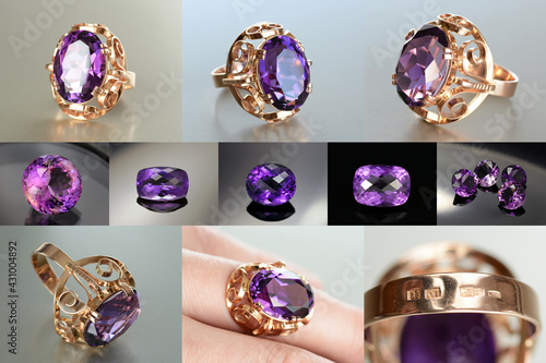 Photography Vintage USSR Soviet union Womens 583, 14K massive gold ring with lab created Amethyst faceted gemstone setting