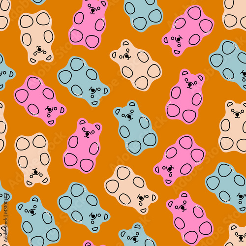 Colorful Fruity and tasty Sweets and candies. Various Gummy and Jelly Bears. Hand drawn Vector Trendy illustration. Cartoon style. Seamless Pattern, Background, Wallpaper. Perfect for prints
