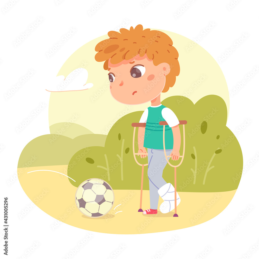 Hurt boy with broken leg in gypsum outdoor. Child unwell walking in park, unable to play football with ball vector illustration. Little kid holding crutches in hands, leg in plaster Hurt boy with broken leg in gypsum outdoor. Child unwell walking in park, unable to play football with ball vector illustration. Little kid holding crutches in hands, leg in plaster