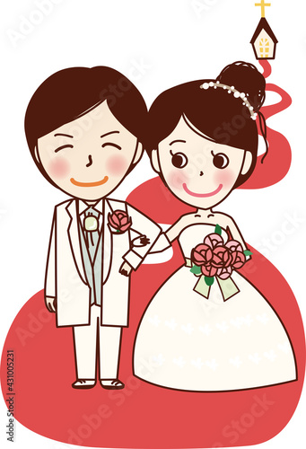 ヴァージンロードでの幸せな新郎新婦。