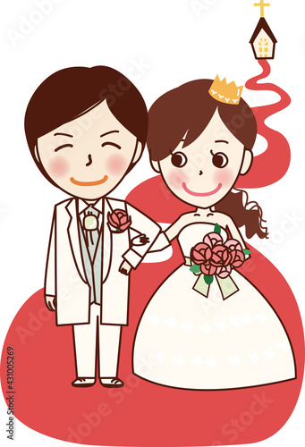 ヴァージンロードでの幸せな新郎新婦。