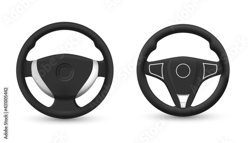 Set of realistic steering wheel vector illustration circle leather equipment for driving automobile