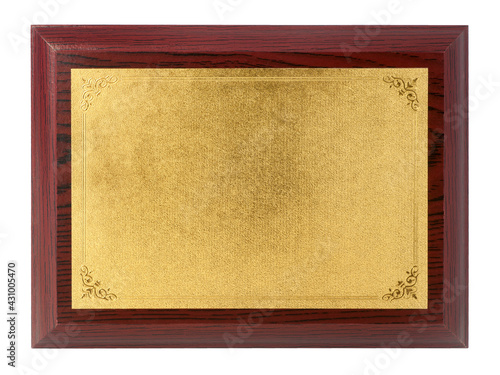 Valokuvatapetti Wood plaque with gold plate isolate on white background