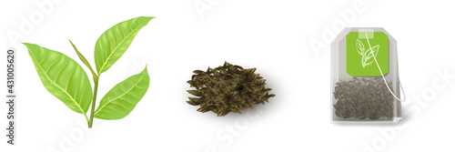 Green herbal tea in teabag and pile, fresh plant set. Triangular aromatic bag with label design tag vector illustration. Realistic healthy drink isolated on white background