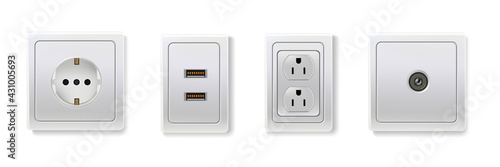 Outlet, socket, plugs set. Electric power connectors for power vector illustration. American, European devices for energy, adapters to insert cables, tv wire on white background