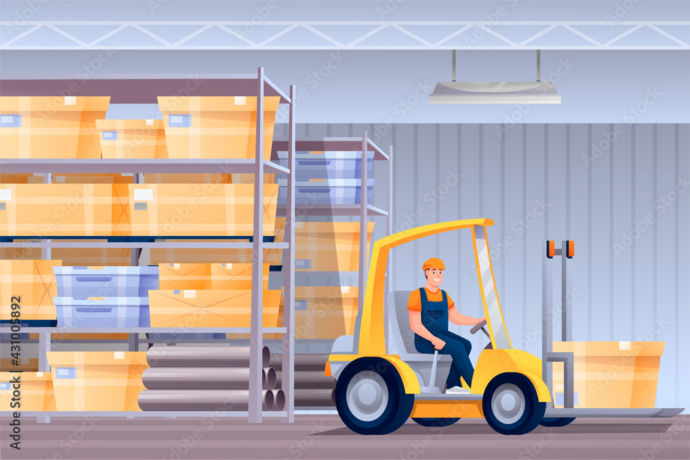 Worker in forklifter tractor cartoon character. Handymen loading cardboard boxes. Storehouse employee using forklifter professional equipment. Distribution, logistics, shipment isolated clipart.