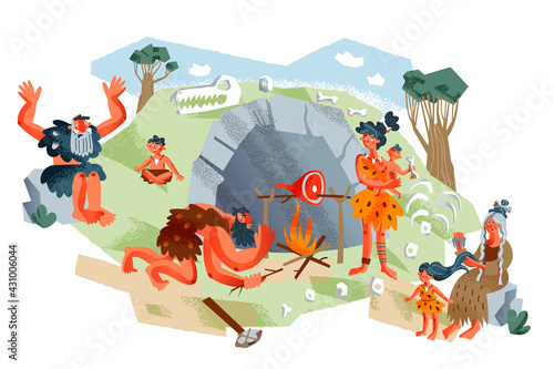 Caveman family preparing food on fire in Stone Age. Prehistoric ancient history vector illustration. Happy man, woman, senior adults, children together. Savage people outdoor in summer